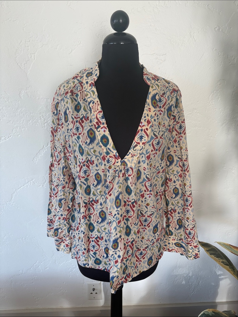 Zara Cream V-Neck Blouse with Burgandy & Blue Ikat Print